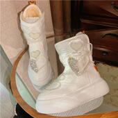 原创设计冬季 加厚保暖棉靴防水皮面东北白色耐脏镶钻厚底雪地毛靴