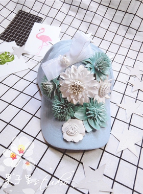 原创设计小清新天蓝色装饰水钻女帽子韩版百搭时尚立体花朵棒球帽