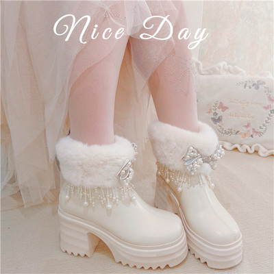 大小姐时尚白色加绒女短靴蝴蝶结