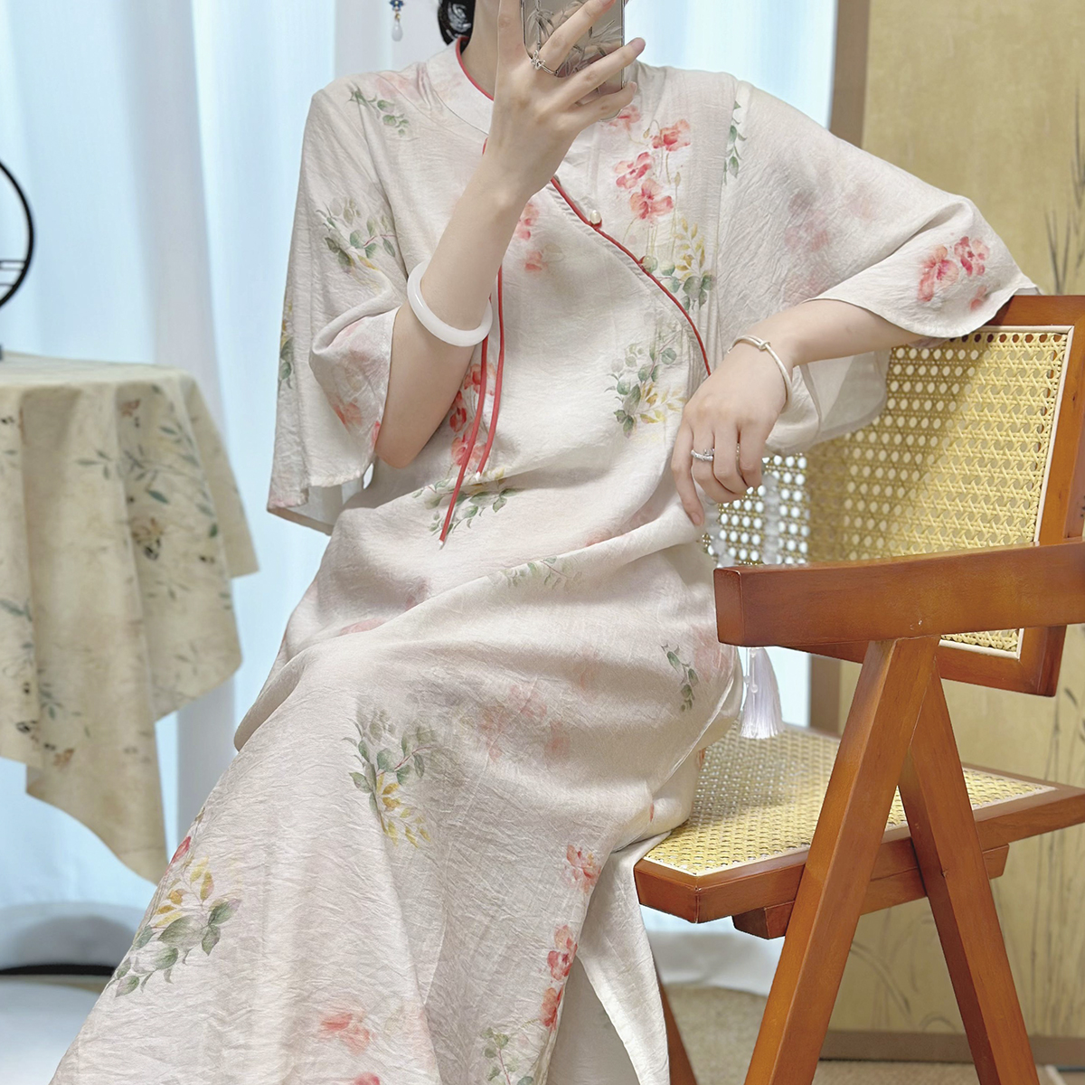 墨下初心【知夏】复古新中式国风斜襟系带显瘦垂感旗袍裙连衣裙