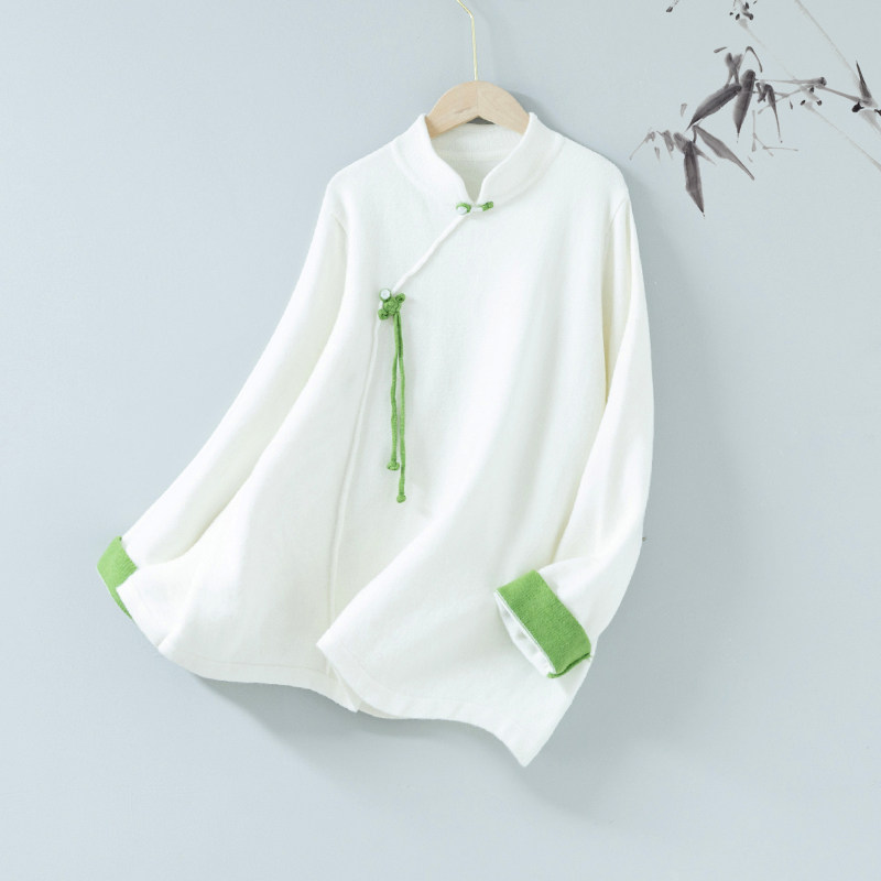 墨下初心原创【碧萝】手工盘扣撞色元素高品质毛针织上衣气质茶服