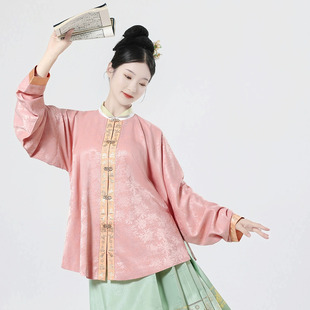 鹿临汉服[鹤吟亭]竖领短袄明制立领对襟弓袋袖杏白黑螺钿粉马面裙