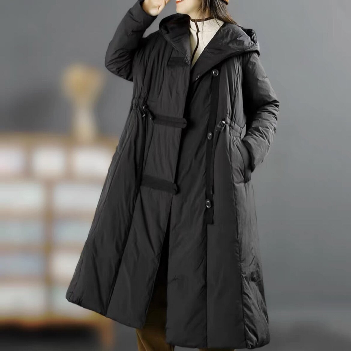 90白鸭绒欧货长款羽绒服女2024冬季时尚休闲大版韩版收腰连帽外套