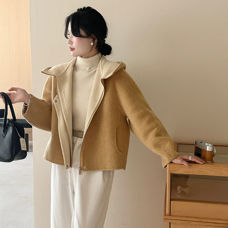 2025秋新款双面羊毛绒大衣女短款连帽韩系宽松拉链休闲毛呢子外套