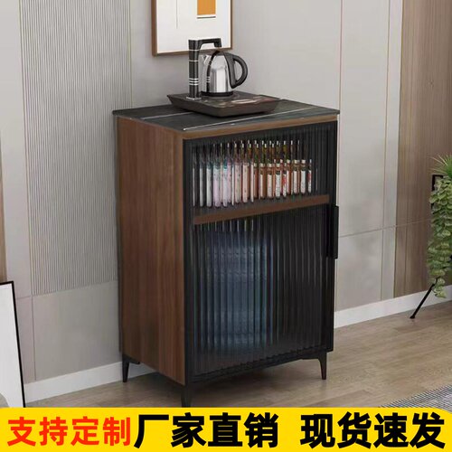 岩板复古风客厅酒店茶桌摆放台边柜杯子茶叶收纳储物柜子下置水桶
