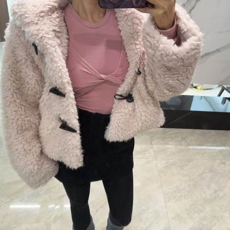 【寒霜玫瑰】原单定制加厚牛角扣连帽毛毛外套