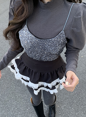 【赫拉小姐】原单蛋糕裤裙 泡泡袖高领打底珠片吊带真两件套上衣