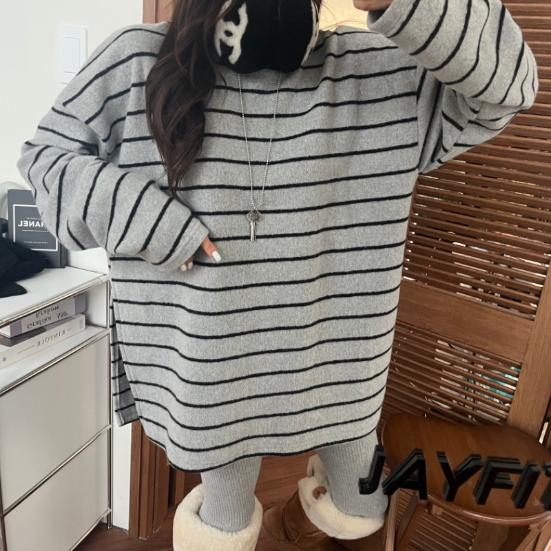 2025秋冬季新款休闲百搭宽松加厚条纹磨毛侧边开叉长袖打底衫上衣