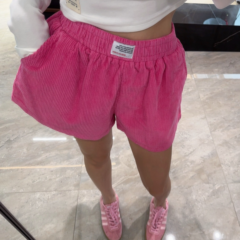 松紧腰灯芯绒贴标休闲直筒裤女2025秋季韩版时尚百搭a字外穿短裤