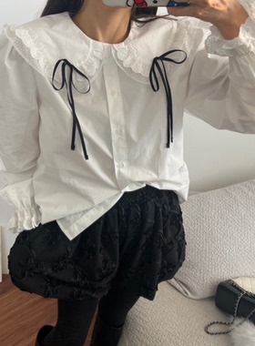 韩国chic春季新款甜美减龄蝴蝶结蕾丝边宽松显瘦长袖娃娃领衬衫女