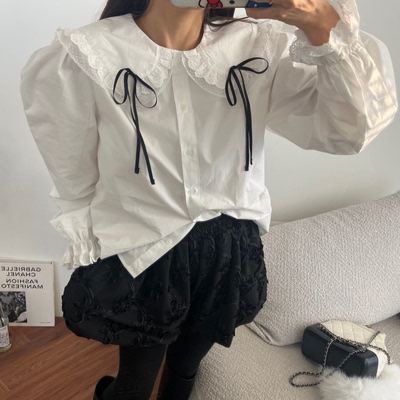 韩国chic春季新款甜美减龄蝴蝶结蕾丝边宽松显瘦长袖娃娃领衬衫女