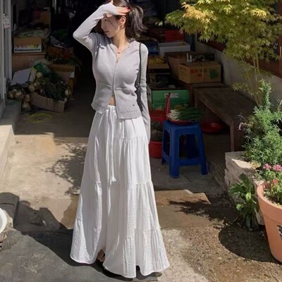 白色半身裙女2026夏季新款小个子松紧腰抽绳纯色百搭半身中长裙