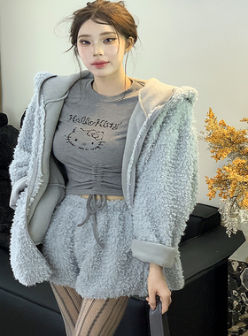 【加倍温暖】连帽颗粒感卷毛短裤廓形开衫两件套套装