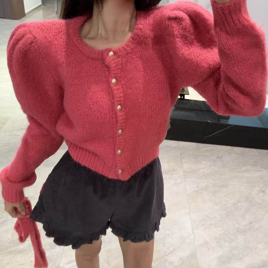 韩国chic秋冬温柔气质单排扣小香风挂脖飘带百搭软糯针织开衫毛衣