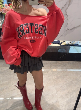 韩国东大门2025秋季新款毛边做旧字母洗水卫衣＋蛋糕短裤裙两件套
