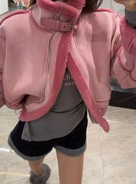 【粉调华尔兹】原单订制拼接立领皮扣毛毛外套