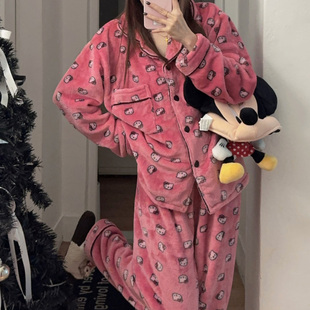 可爱HelloKitty珊瑚绒睡衣女款冬季加厚保暖可外穿冬天家居服套装