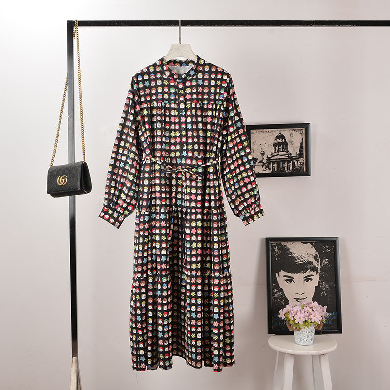 民族风可爱卡通印花连衣裙女大码宽松显瘦长袖长款胖妹妹宽松裙子