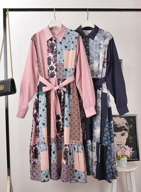 复古拼接印花连衣裙女收腰系带气质时髦复古风翻领拼色优雅长裙子