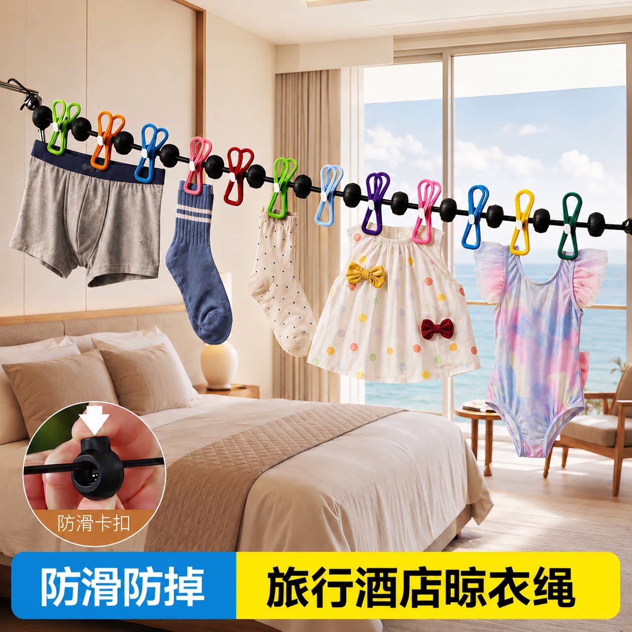 旅行晾衣神器便携式酒店晾衣绳旅游出差挂衣绳带夹子晾晒衣服绳子图片