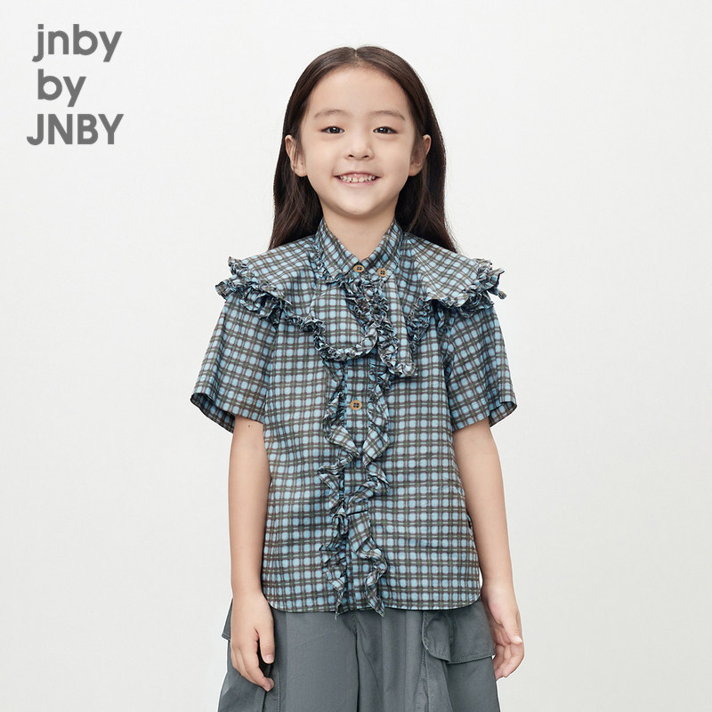 江南布衣童装棉格纹府绸短袖衬衫花边舒适夏女童儿童jnbybyjnby