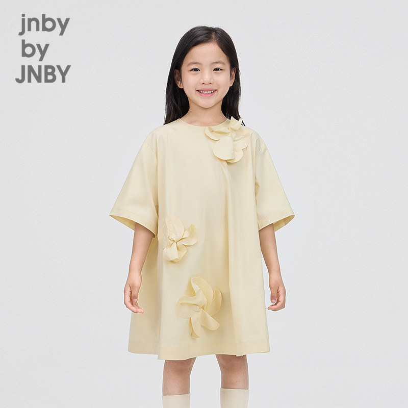 江南布衣童装棉弹力府绸中长款H型短袖连衣裙女童儿童jnbybyjnby