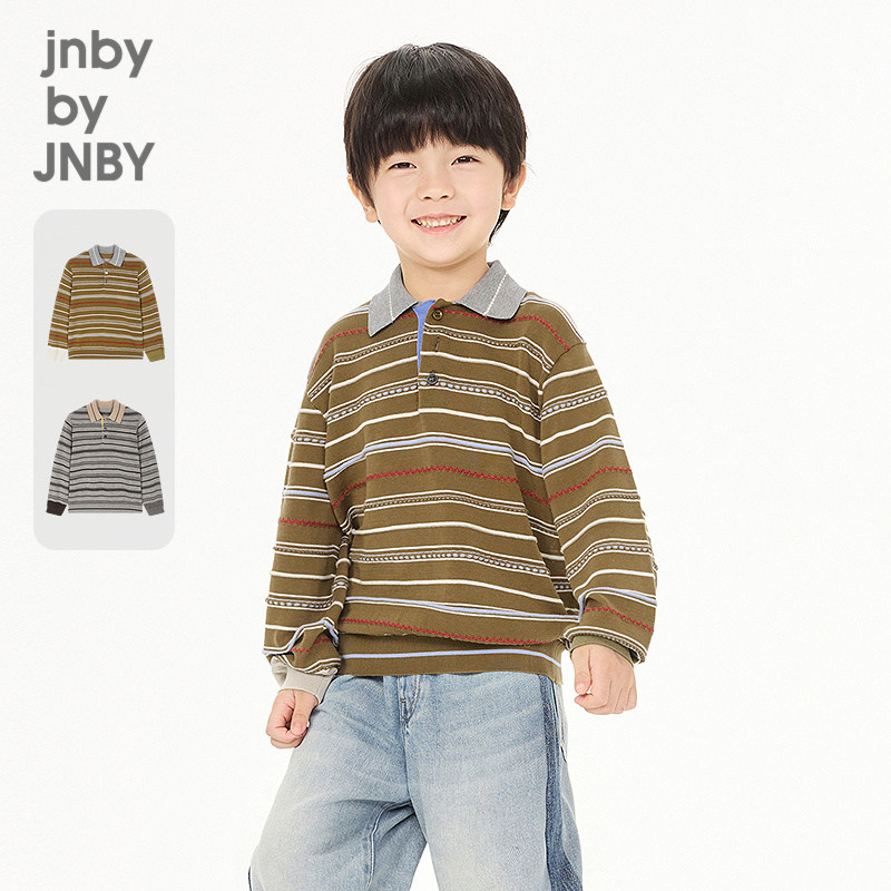 【季末折扣】江南布衣童装长袖翻领条纹针织衫26秋男童jnbybyjnby