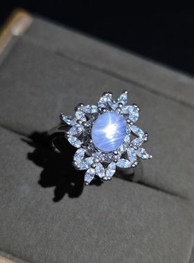 天然星光蓝宝石戒指奶蓝色重量1.42克拉5.6*7mm天然颜色稀少名贵