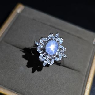 天然星光蓝宝石戒指奶蓝色重量1.42克拉5.6*7mm天然颜色稀少名贵