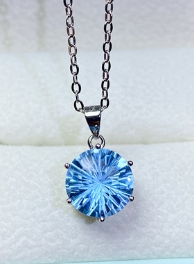 烟花切工天空蓝托帕石吊坠宝石尺寸10*10mm 重约4克拉925银镀白金