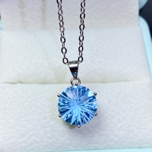 烟花切工天空蓝托帕石吊坠宝石尺寸10*10mm 重约4克拉925银镀白金