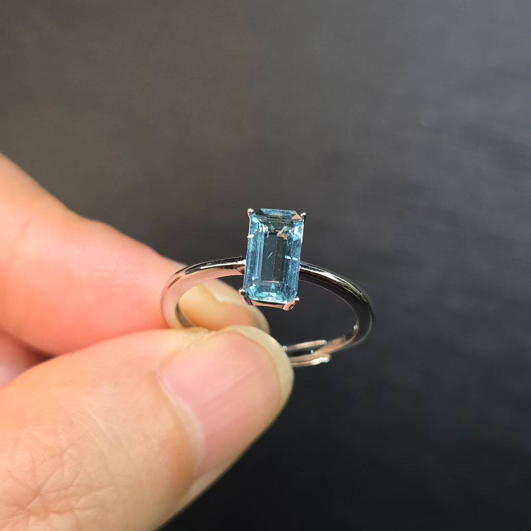 天然海蓝宝戒指圣玛利亚颜色长方形4*8mm925银子镀白金活口设计