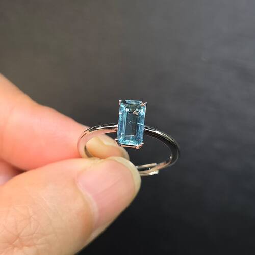 天然海蓝宝戒指圣玛利亚颜色长方形4*8mm925银子镀白金活口设计
