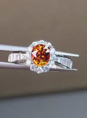 芬达石戒指天然石榴石家族小蛮腰款戒指壁梯方橘子颜色的宝石银镶