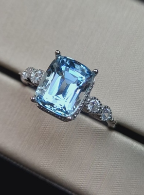 天然海蓝宝戒指重量2.94克拉长方形全净无暇欧式切割925银