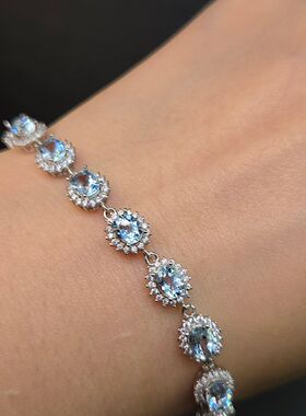 天然海蓝宝手链经典小戴妃款尺寸4*5mm9颗颜色好全实物布灵布灵闪