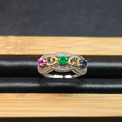 天然三大名贵宝石排戒祖母绿+帕帕拉恰蓝宝石+蓝宝石孤品不可复制