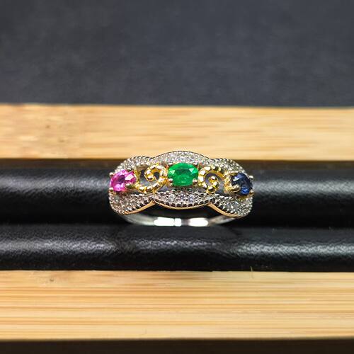 天然三大名贵宝石排戒祖母绿+帕帕拉恰蓝宝石+蓝宝石孤品不可复制