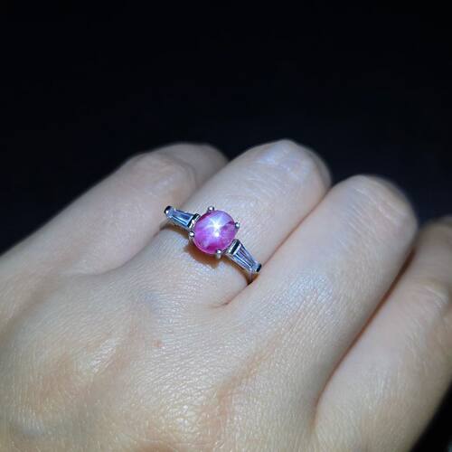 天然粉色星光蓝宝石戒指重量1.33克拉尺寸6*6.8mm925银镶