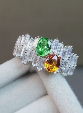 沙弗莱+芬达石双石戒指 活力满满亮色戒指 亮丽清新色 小莎芬达石