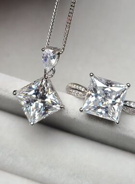 方形莫桑钻戒指莫桑钻3克拉吊坠雷迪恩切割925银子镀白金爆闪高品