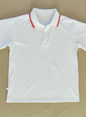 白色校服短袖男女通用中小学生班服白领上大红条T恤上衣POLO衫棉