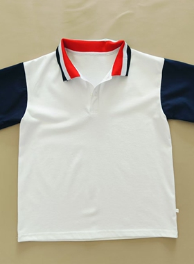 白色校服短袖男女通用中小学生班服藏蓝袖领子拼色T恤上衣POLO衫