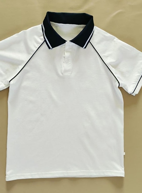 夏白色校服短袖男女通用中小学生班服插肩袖拼黑绳T恤上衣POLO衫