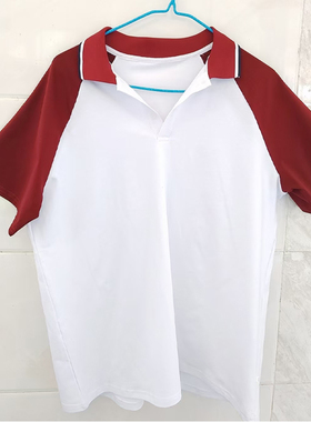 白色校服短袖酒红插肩袖酒红领蓝白边男女通用学生班服POLO衫上衣