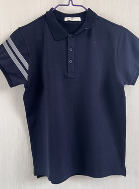 藏蓝校服短袖袖子拼两道灰色反光条纯色男女通用学生班服POLO衫棉