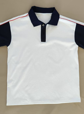 夏白色校服短袖藏蓝袖拼两道大红绳藏蓝领男女通用班服T恤POLO衫