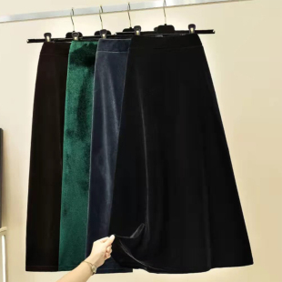 气质黑色高腰显瘦裙子新款金丝绒半身裙女a字裙宽松春季大码长裙