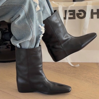 诗歌兰2025新款胎牛皮方头小短靴