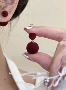 秋冬红丝绒双面球球耳钉纯银针大小圆球前后两戴耳环韩国气质耳饰